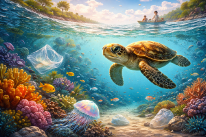 Samudra Biru dan Penyu yang Mengira Plastik Adalah Bulan